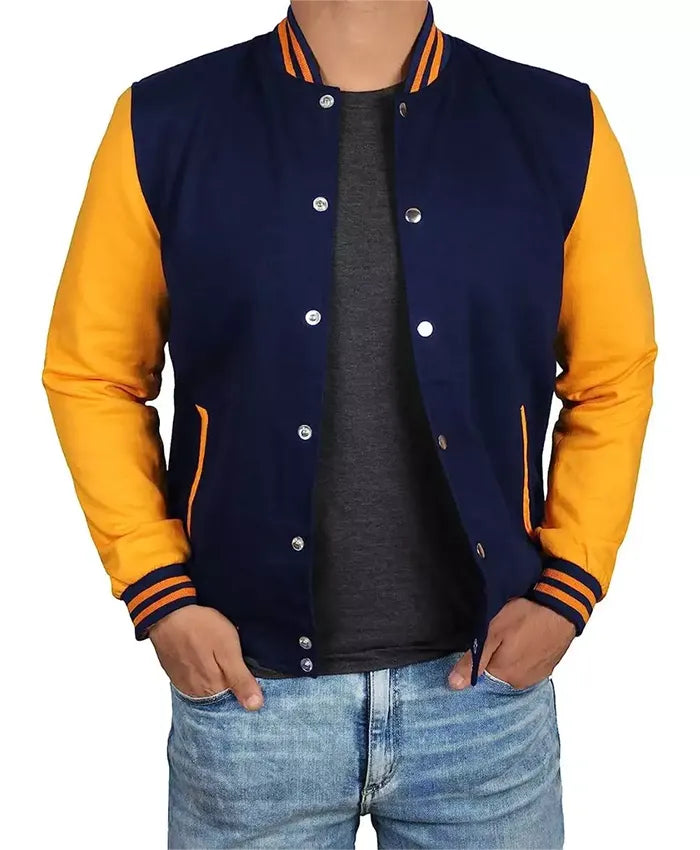 Unisex Blue And Yellow Varsity Bomber Jacket  - Recreated