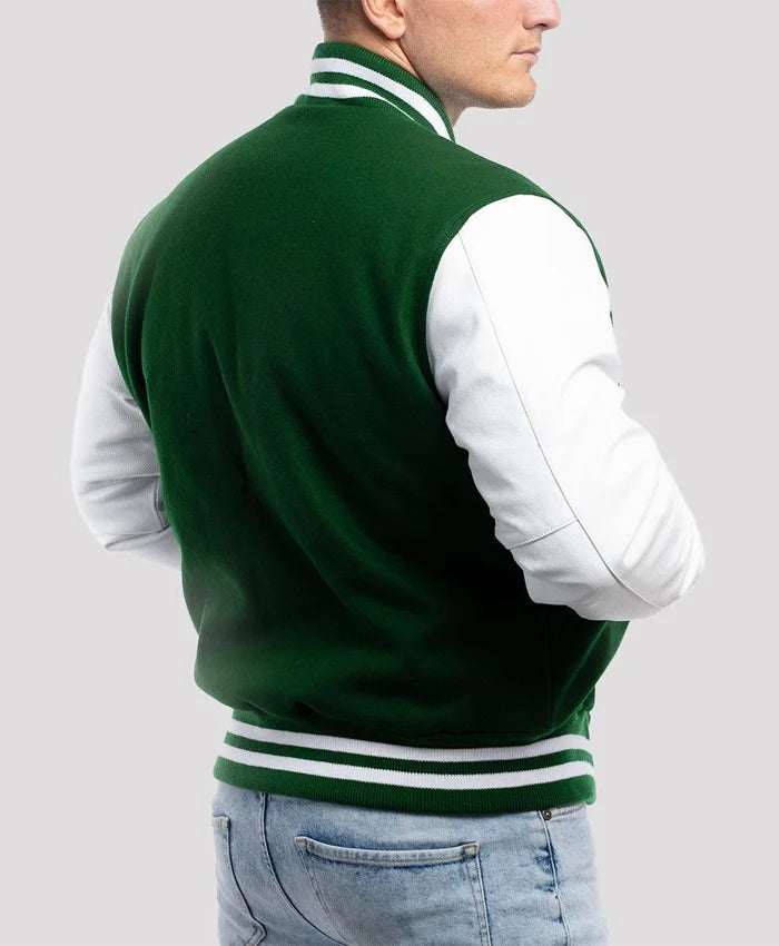 Unisex Green And White Lettermen Jacket  - Recreated