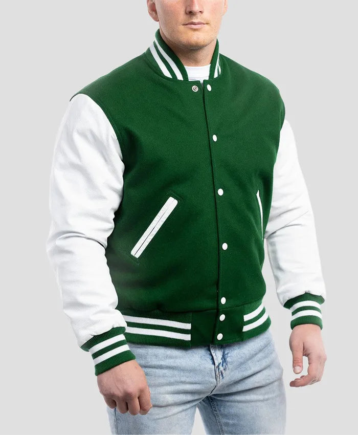 Unisex Green And White Lettermen Jacket  - Recreated