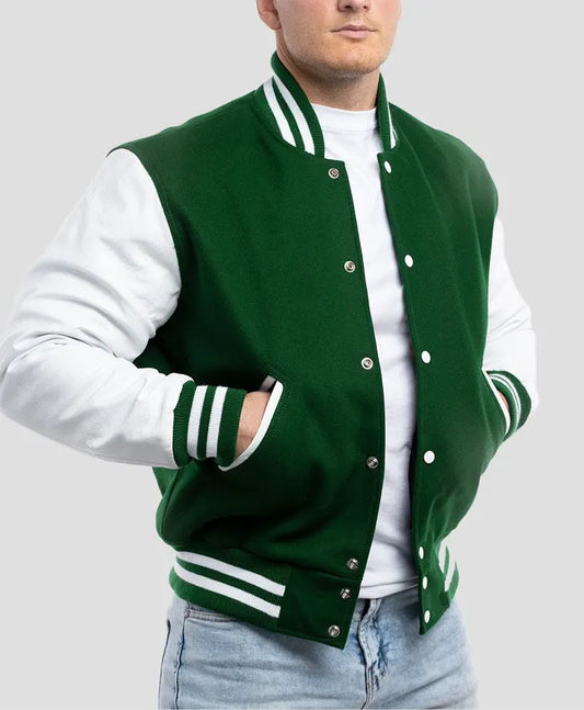 Unisex Green And White Lettermen Jacket  - Recreated
