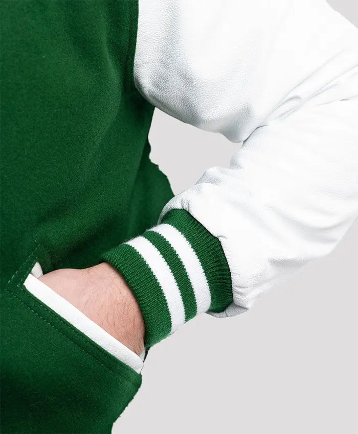 Unisex Green And White Lettermen Jacket  - Recreated