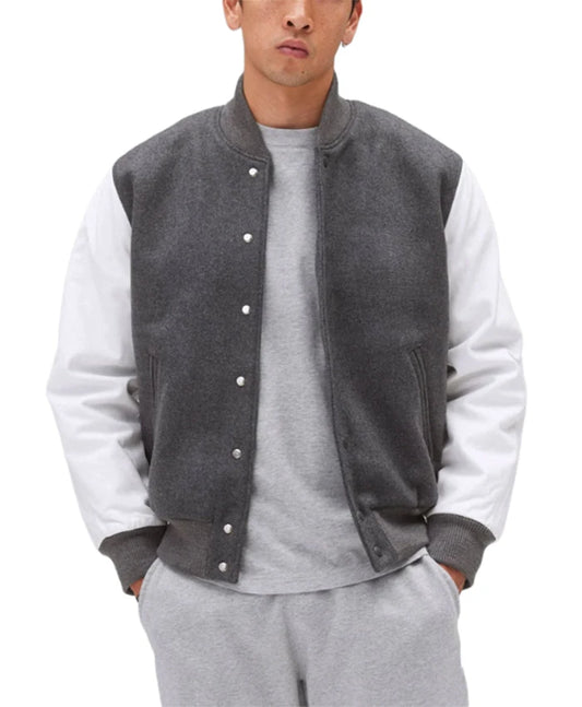 Unisex Light Grey Varsity Bomber Jacket  - Recreated