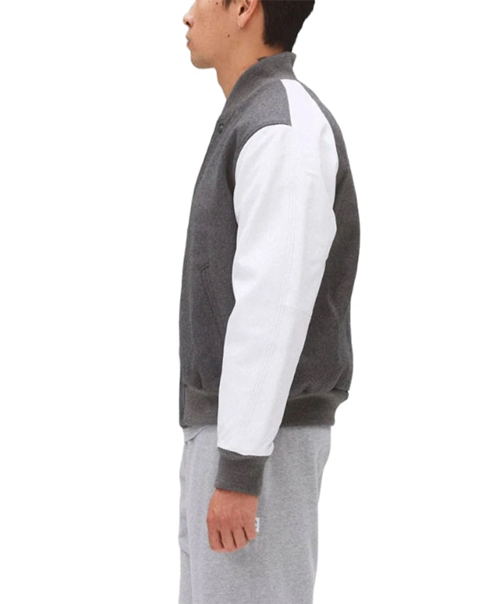 Unisex Light Grey Varsity Bomber Jacket  - Recreated