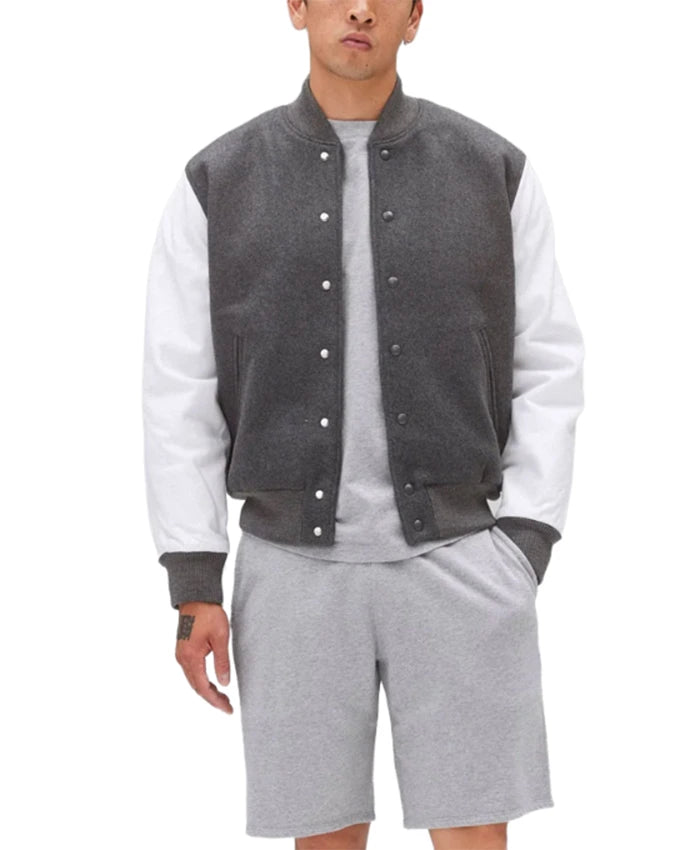 Unisex Light Grey Varsity Bomber Jacket  - Recreated