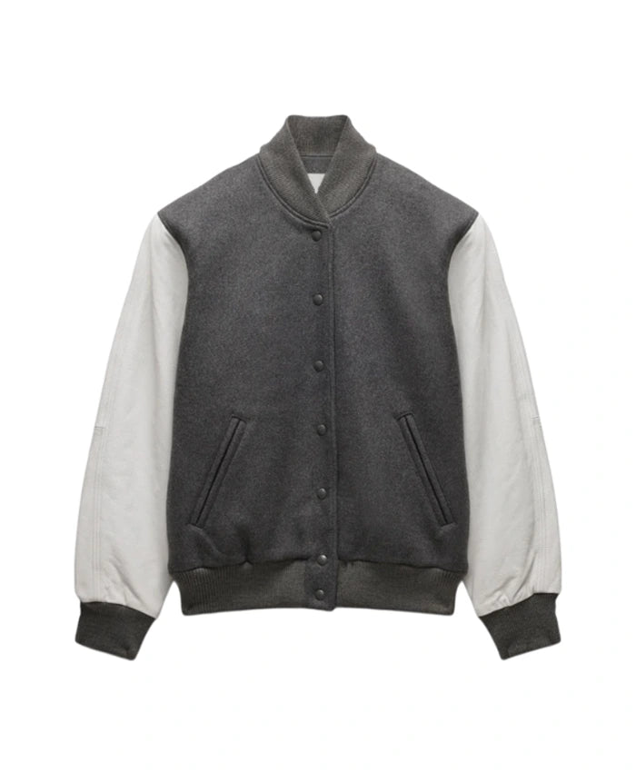 Unisex Light Grey Varsity Bomber Jacket  - Recreated