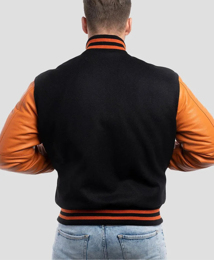 Unisex Orange And Black Varsity Bomber Jacket  - Recreated