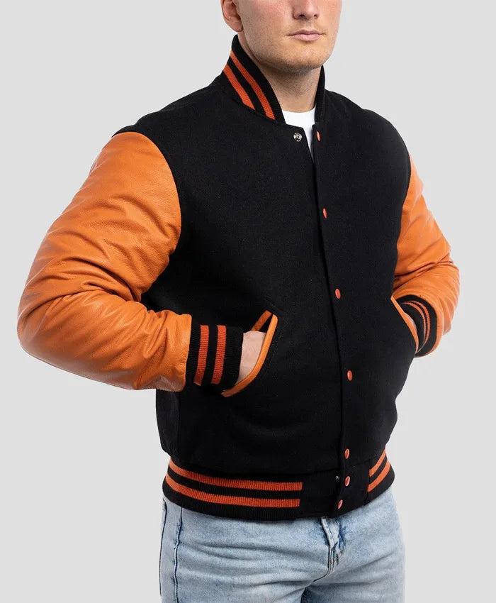 Unisex Orange And Black Varsity Bomber Jacket  - Recreated