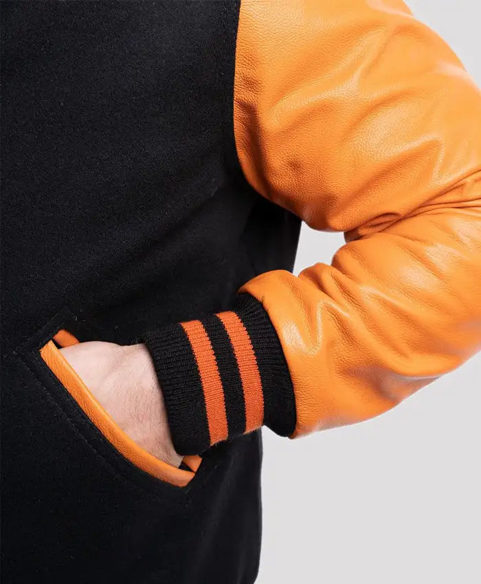 Unisex Orange And Black Varsity Bomber Jacket  - Recreated