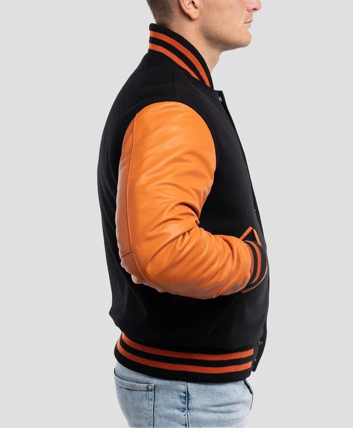 Unisex Orange And Black Varsity Bomber Jacket  - Recreated