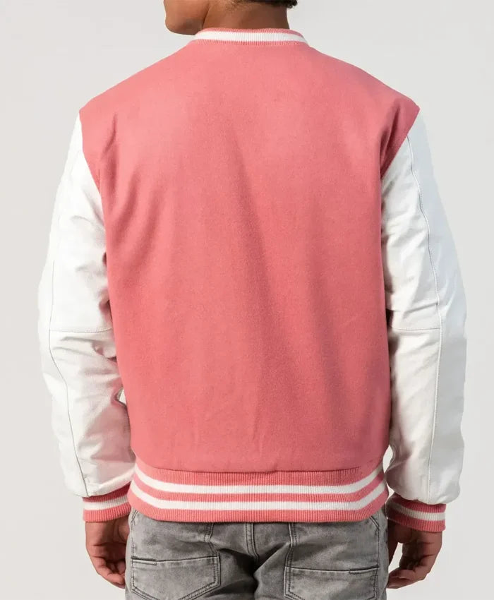 Unisex Pink Wool White Leather Sleeves Varsity Jacket  - Recreated