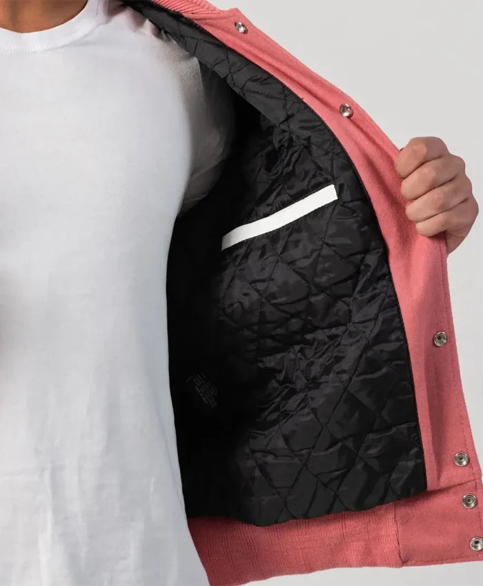 Unisex Pink Wool White Leather Sleeves Varsity Jacket  - Recreated