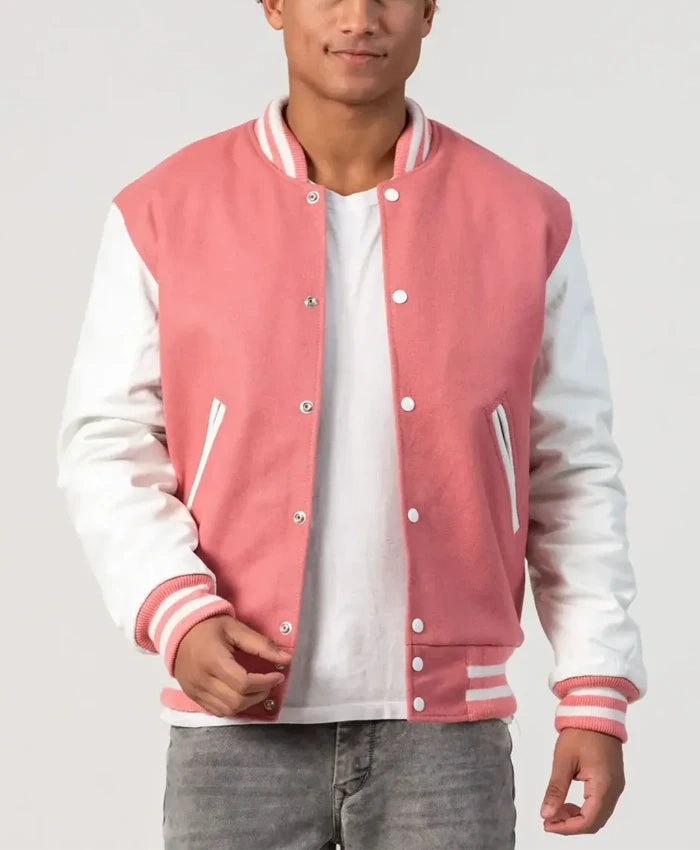 Unisex Pink Wool White Leather Sleeves Varsity Jacket  - Recreated