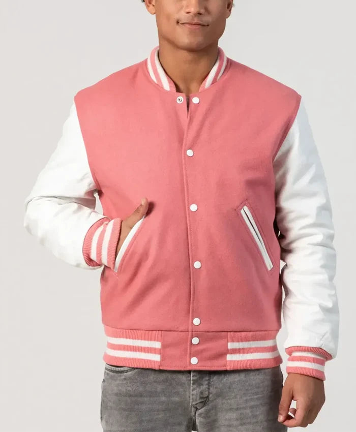Unisex Pink Wool White Leather Sleeves Varsity Jacket  - Recreated