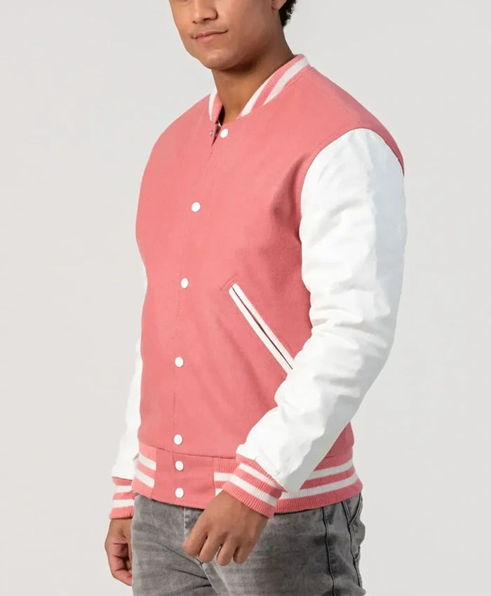 Unisex Pink Wool White Leather Sleeves Varsity Jacket  - Recreated