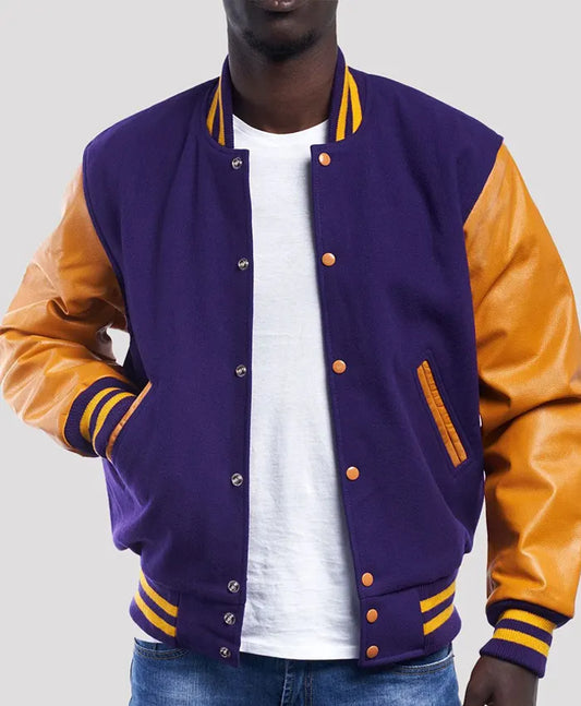 Unisex Purple And Gold Varsity Lettermen Jacket  - Recreated