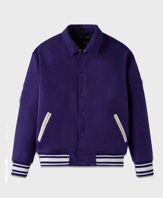 Unisex Purple Drop Down Collar Lettermen Varsity Jacket  - Recreated