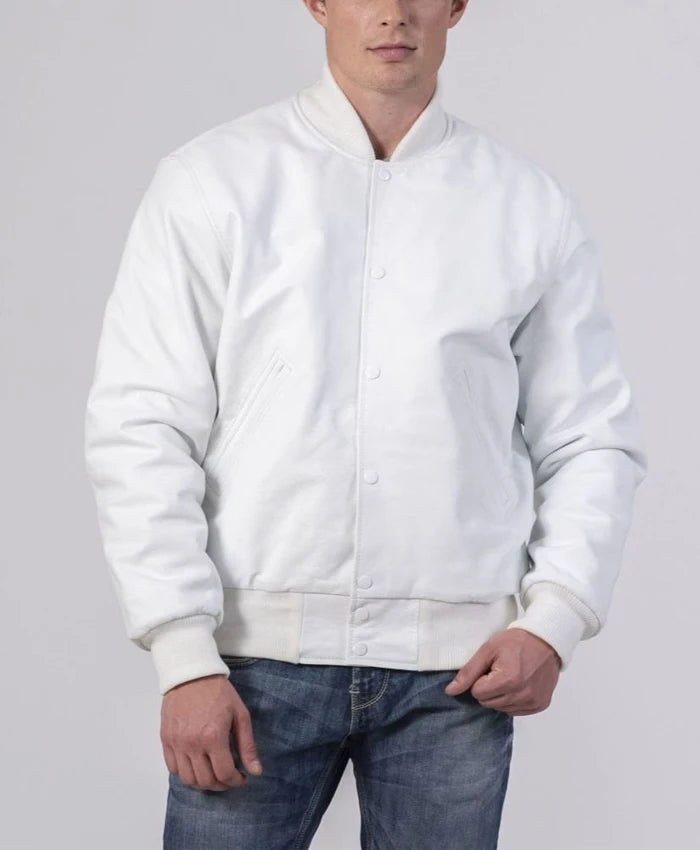 Unisex White Varsity Lettermen Bomber Jacket  - Recreated