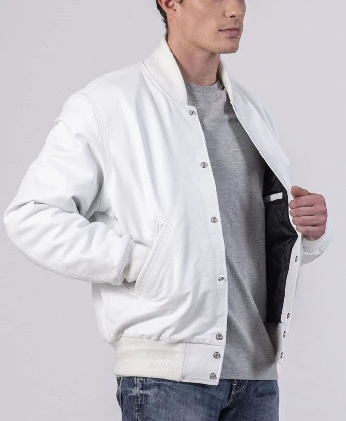 Unisex White Varsity Lettermen Bomber Jacket  - Recreated
