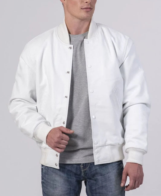 Unisex White Varsity Lettermen Bomber Jacket  - Recreated