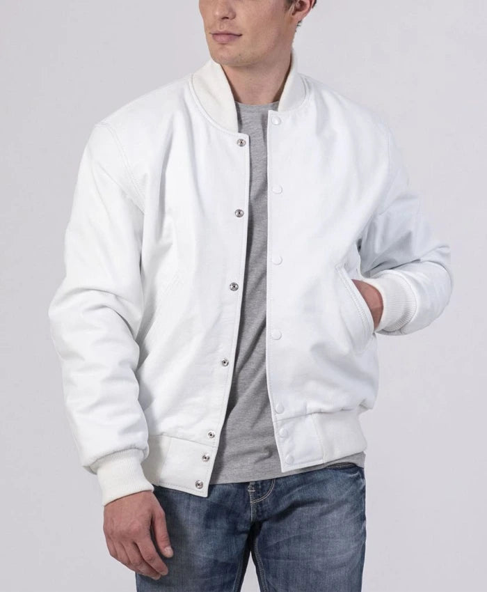 Unisex White Varsity Lettermen Bomber Jacket  - Recreated