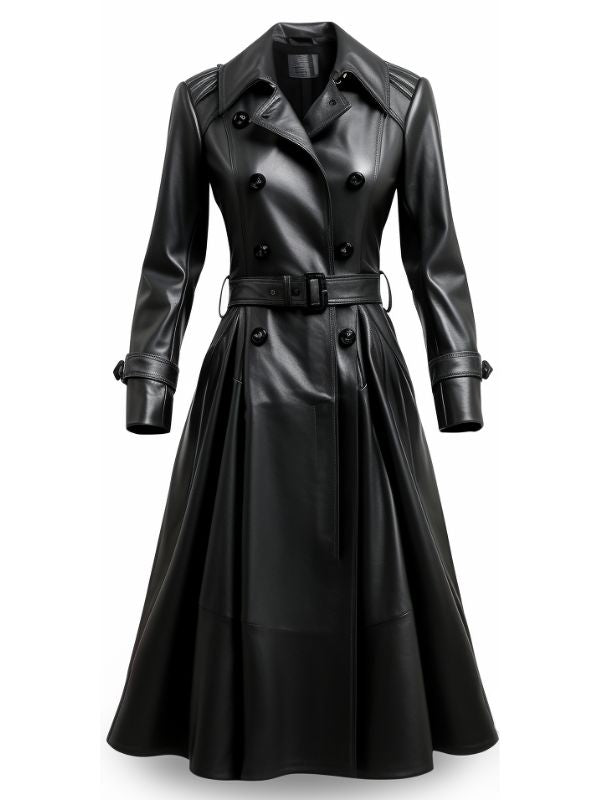 Women’s Designer Black Long Leather Coat – Elegant and Timeless