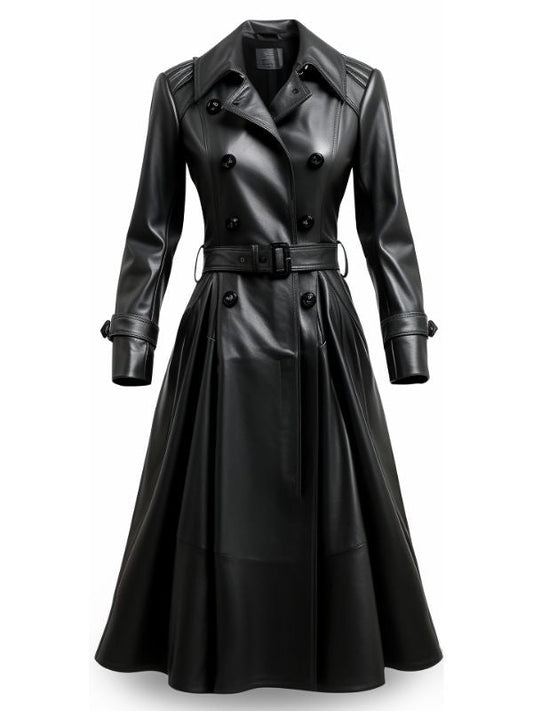 Women’s Designer Black Long Leather Coat – Elegant and Timeless
