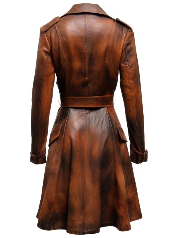 Women Distressed Brown Vintage Leather Long Coat