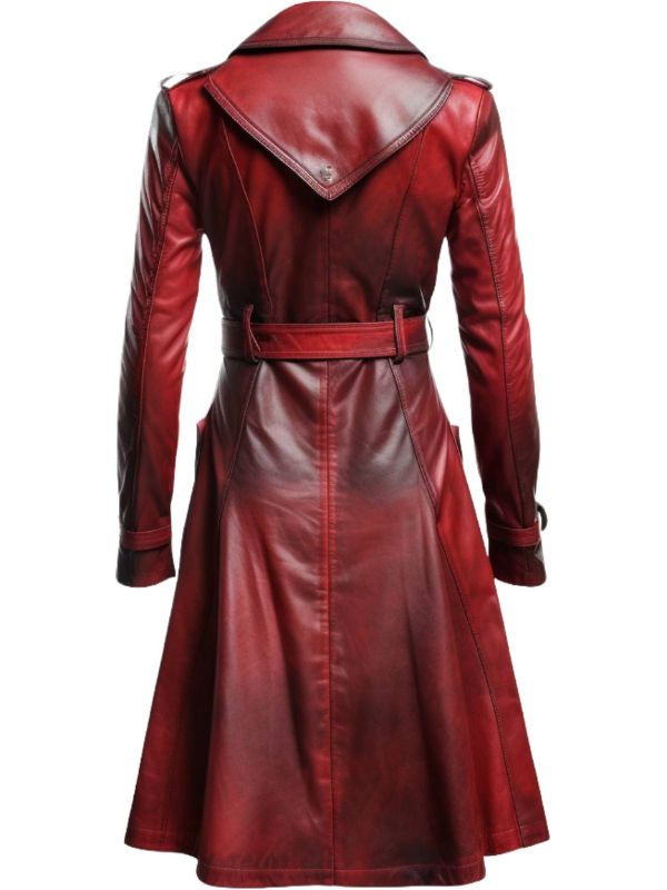 Women Distressed Red Leather Long Coat - Distressed Leather Coat