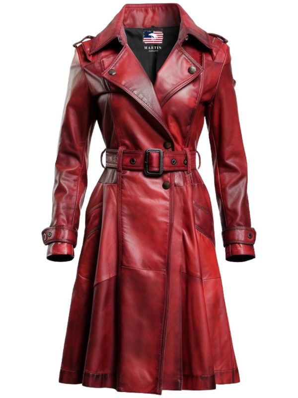 Women’s Distressed Red Leather Long Coat – Bold and Fashion-Forward