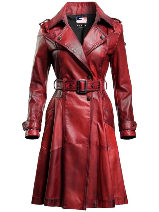 Women’s Distressed Red Leather Long Coat – Bold and Fashion-Forward