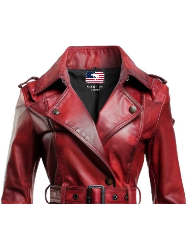 Women’s Distressed Red Leather Long Coat – Bold and Fashion-Forward