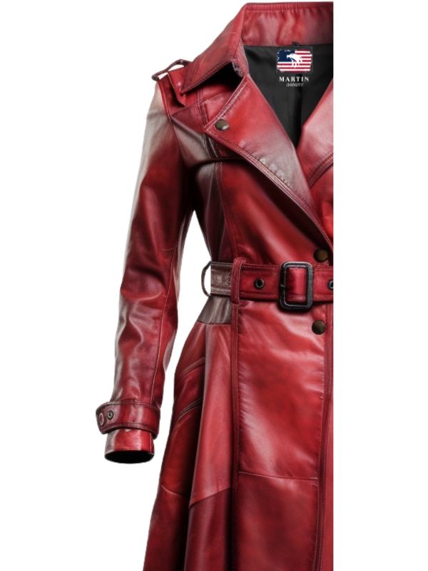 Women’s Distressed Red Leather Long Coat – Bold and Fashion-Forward