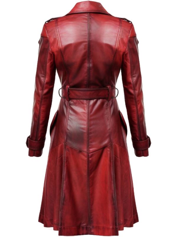 Women’s Distressed Red Leather Long Coat – Bold and Fashion-Forward