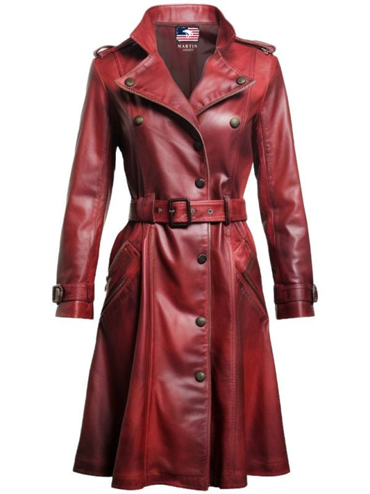Women’s Red Distressed Long Leather Coat – Bold and Stylish