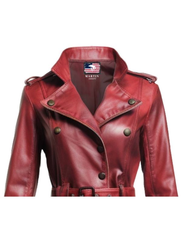 Women’s Red Distressed Long Leather Coat – Bold and Stylish