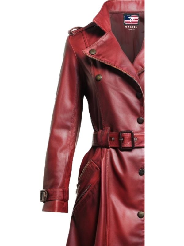 Women’s Red Distressed Long Leather Coat – Bold and Stylish