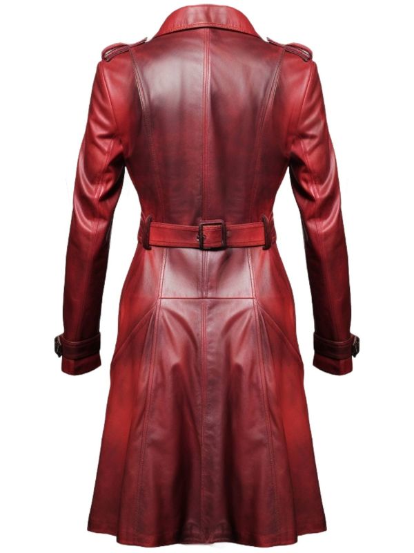 Women’s Red Distressed Long Leather Coat – Bold and Stylish