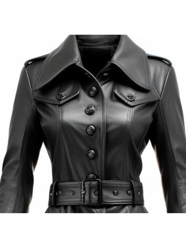 Women’s Rock Black Long Leather Designer Coat