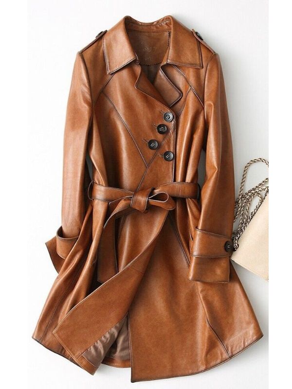 Women Stylish Italian Brown Leather Winter Coat