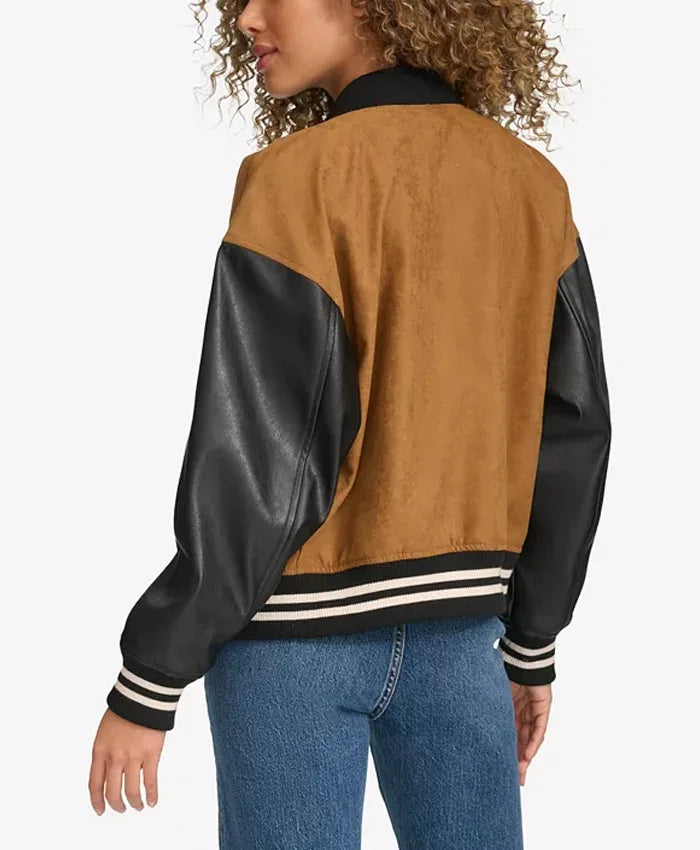Women’s Brown Varsity Bomber Jacket With Leather Sleeves  - Recreated