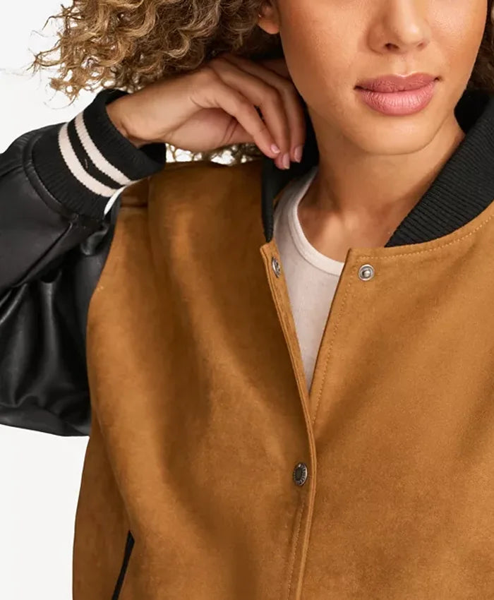 Women’s Brown Varsity Bomber Jacket With Leather Sleeves  - Recreated