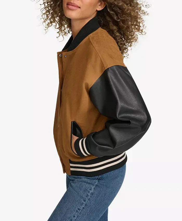Women’s Brown Varsity Bomber Jacket With Leather Sleeves  - Recreated