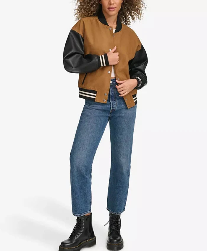 Women’s Brown Varsity Bomber Jacket With Leather Sleeves  - Recreated