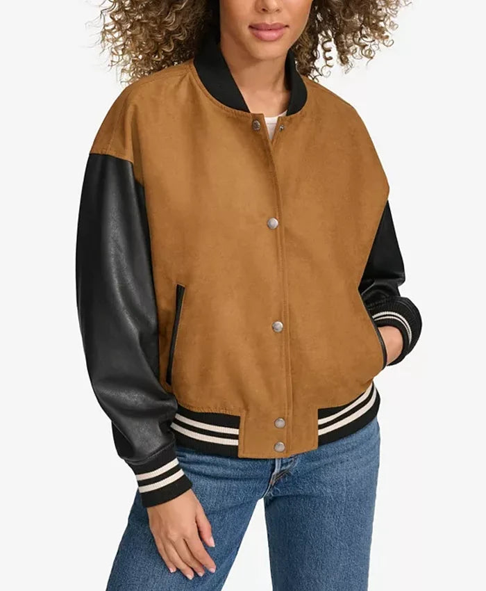 Women’s Brown Varsity Bomber Jacket With Leather Sleeves  - Recreated