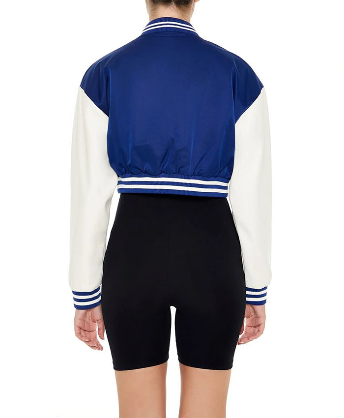 Women’s Cropped Blue Lettermen Varsity Jacket  - Recreated