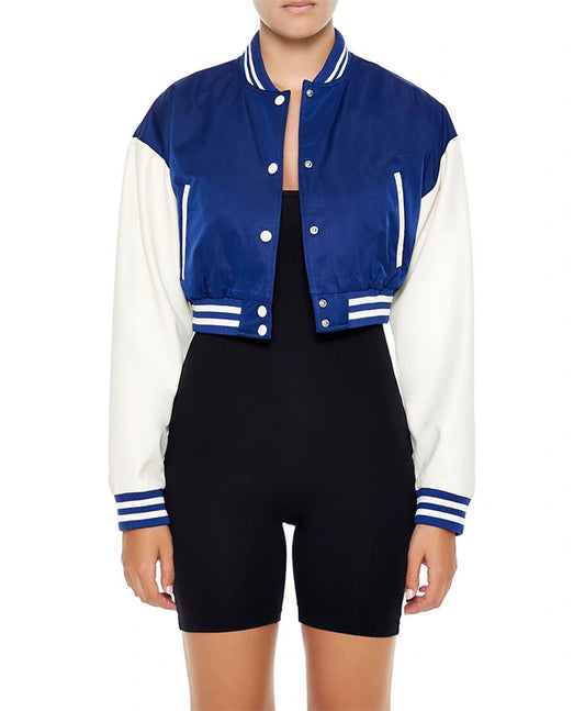 Women’s Cropped Blue Lettermen Varsity Jacket  - Recreated