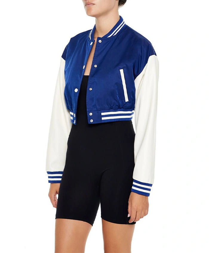 Women’s Cropped Blue Lettermen Varsity Jacket  - Recreated