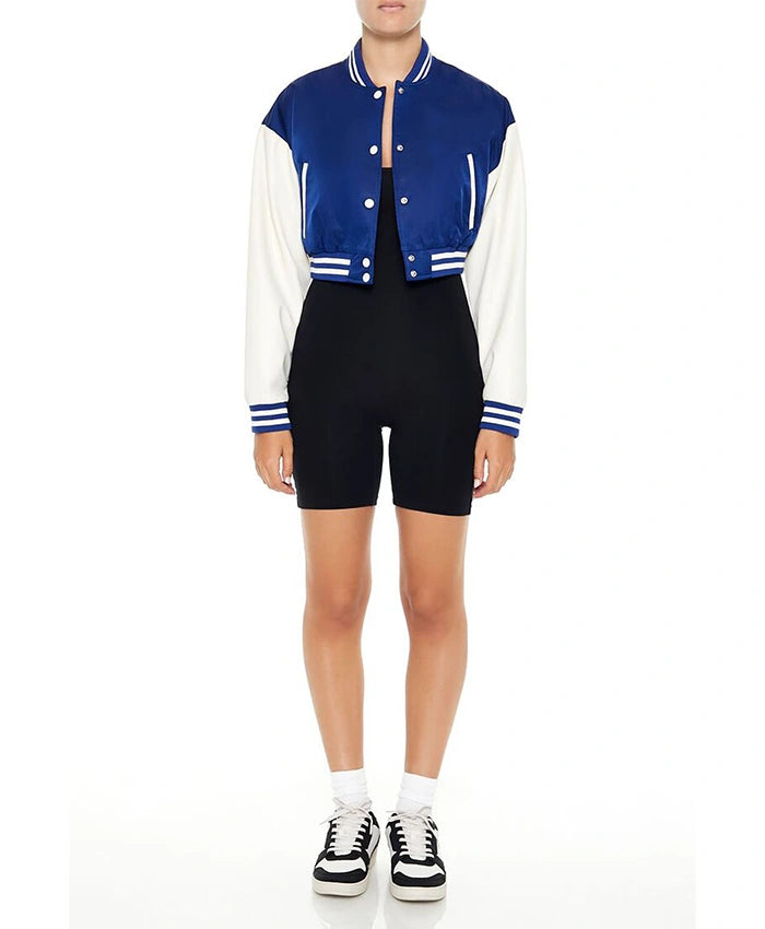 Women’s Cropped Blue Lettermen Varsity Jacket  - Recreated