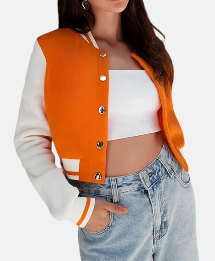Women’s Cropped Orange Wool Varsity Jacket  - Recreated
