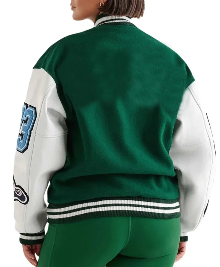 Women’s Green And White Varsity Lettermen Jacket  - Recreated